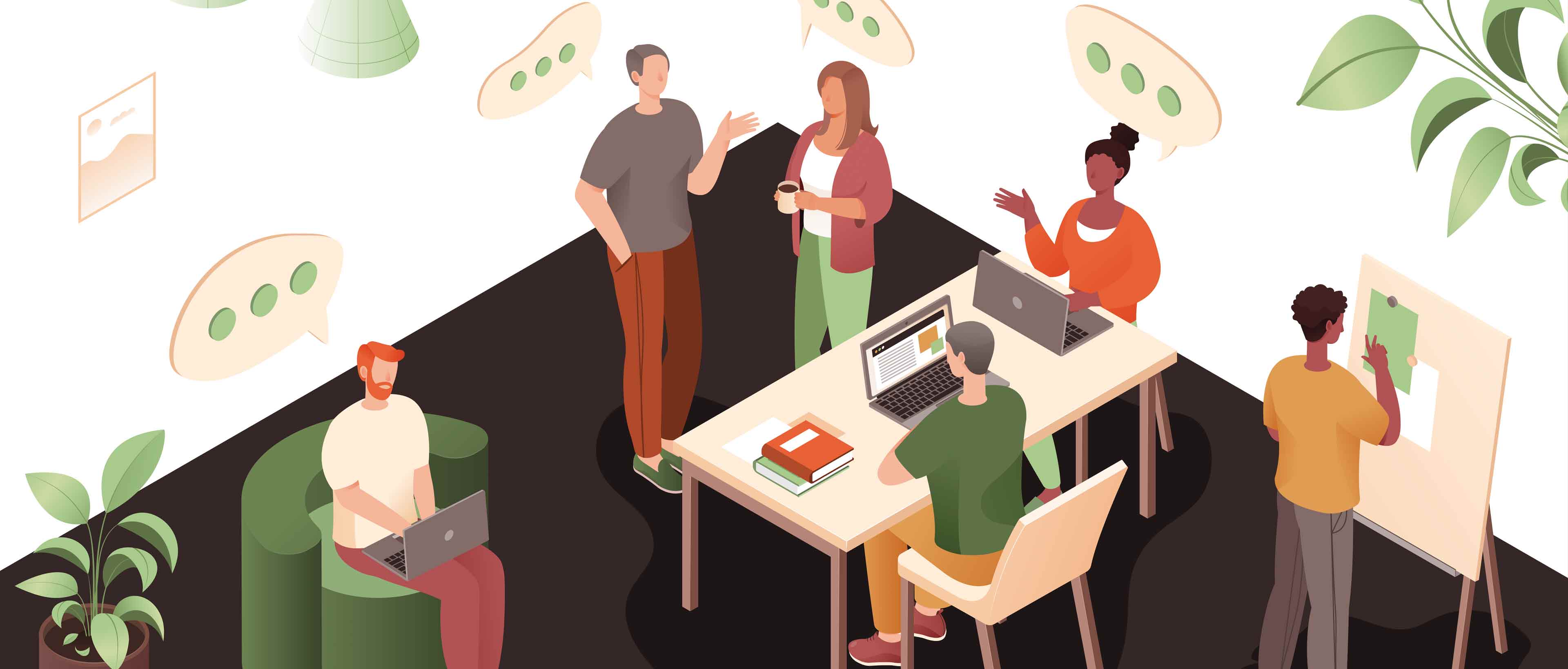 Illustration d'un groupe de personnes qui échangent leurs idées