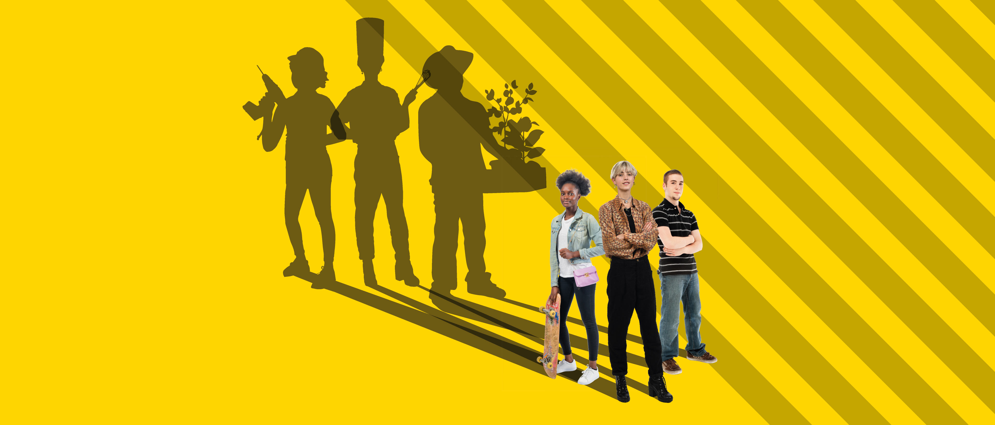 Photo de jeunes en tenue quotidienne avec leurs ombres illustrant leurs métiers