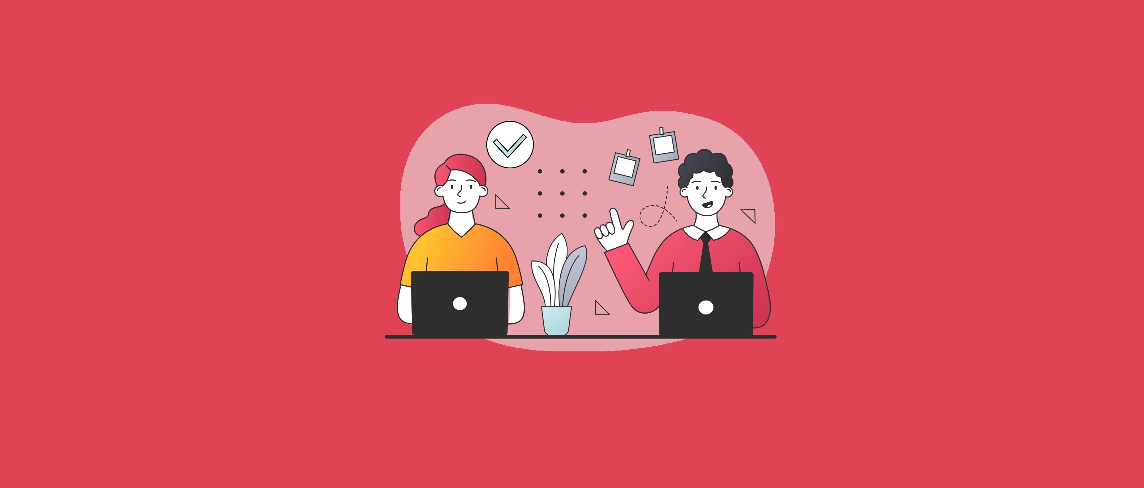 Illustration d'un homme et d'une femme échangeant autour d'ordinateurs