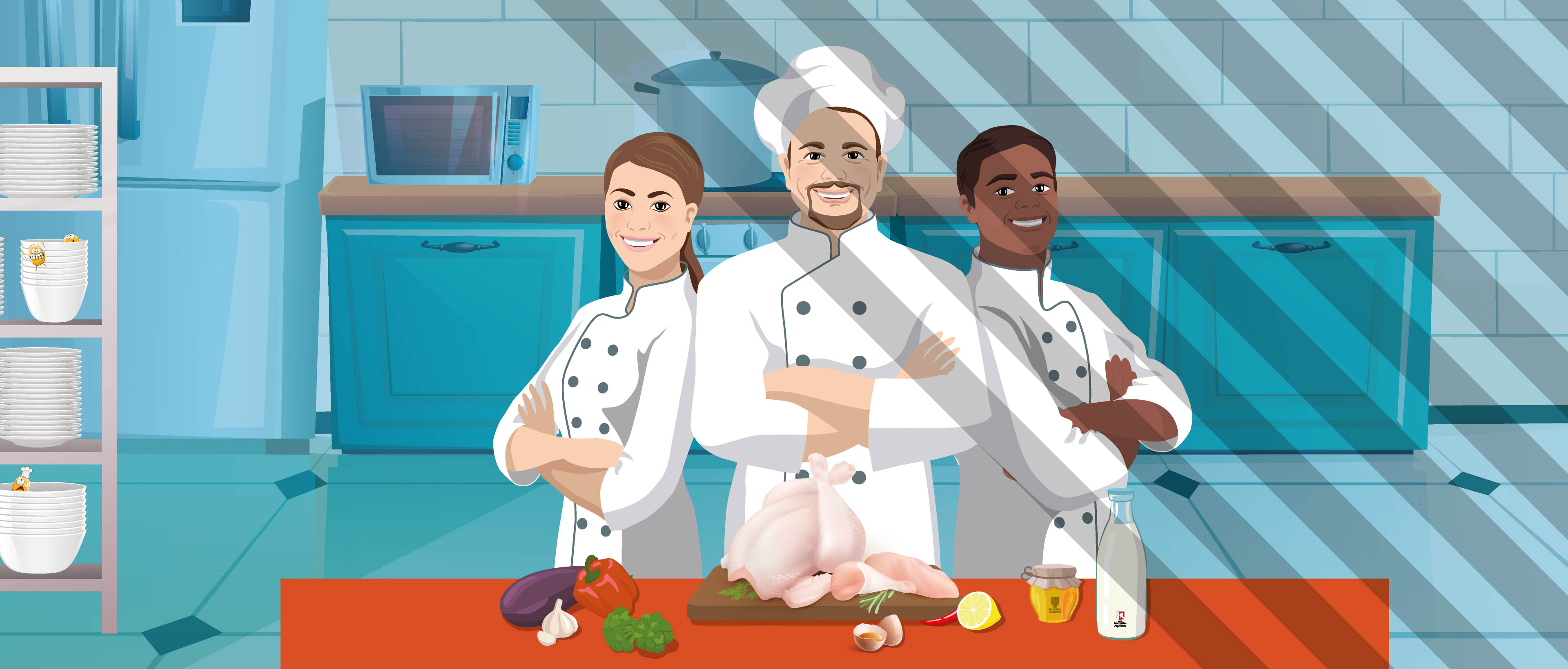 Illustration : un brigade en cuisine devant des aliments