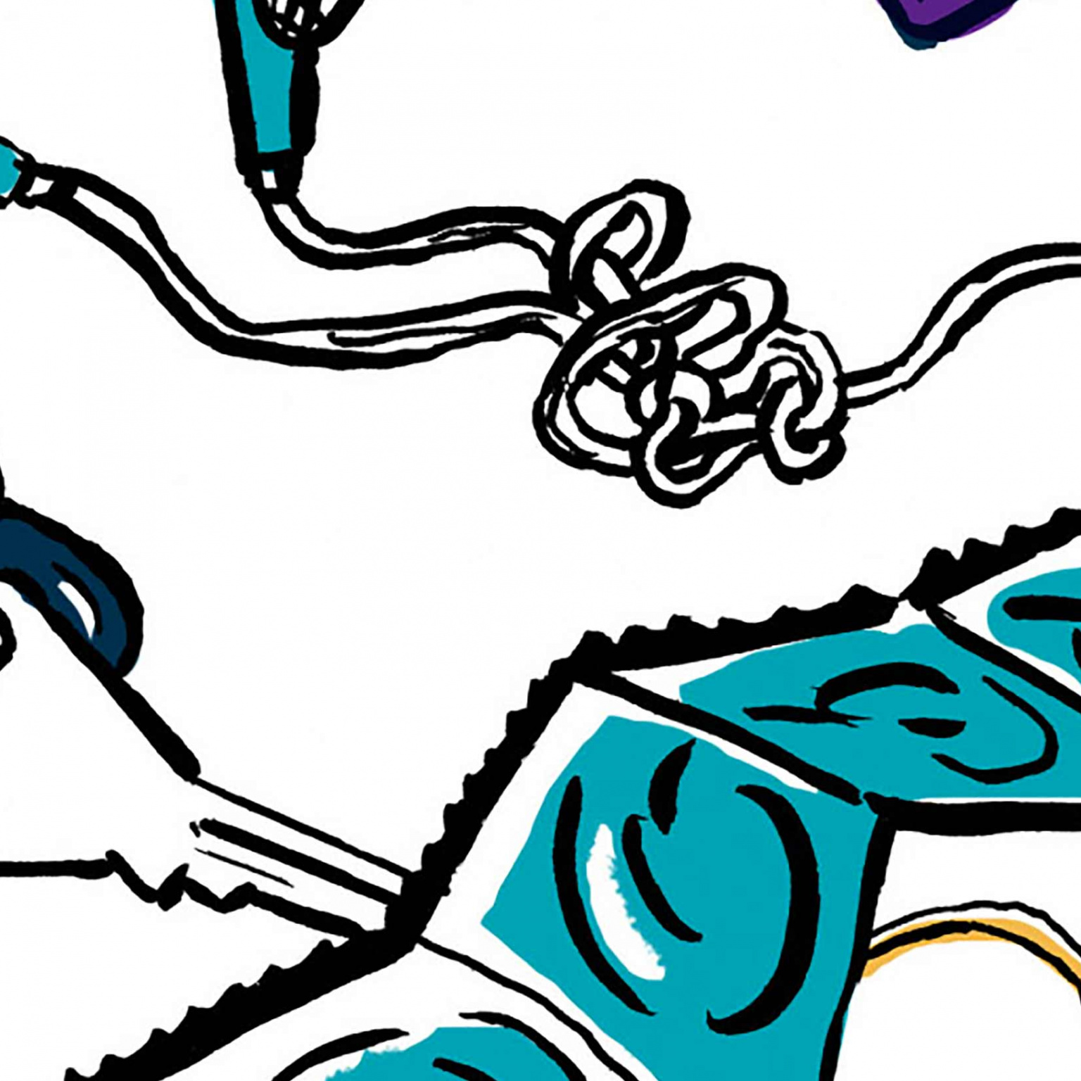 Illustration au crayon de clefs de maison, écouteurs et préservatifs