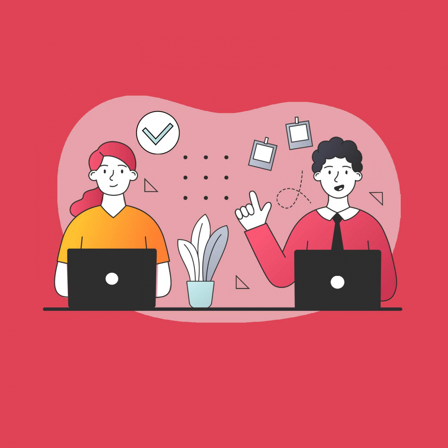 Illustration d'un homme et d'une femme échangeant autour d'ordinateurs