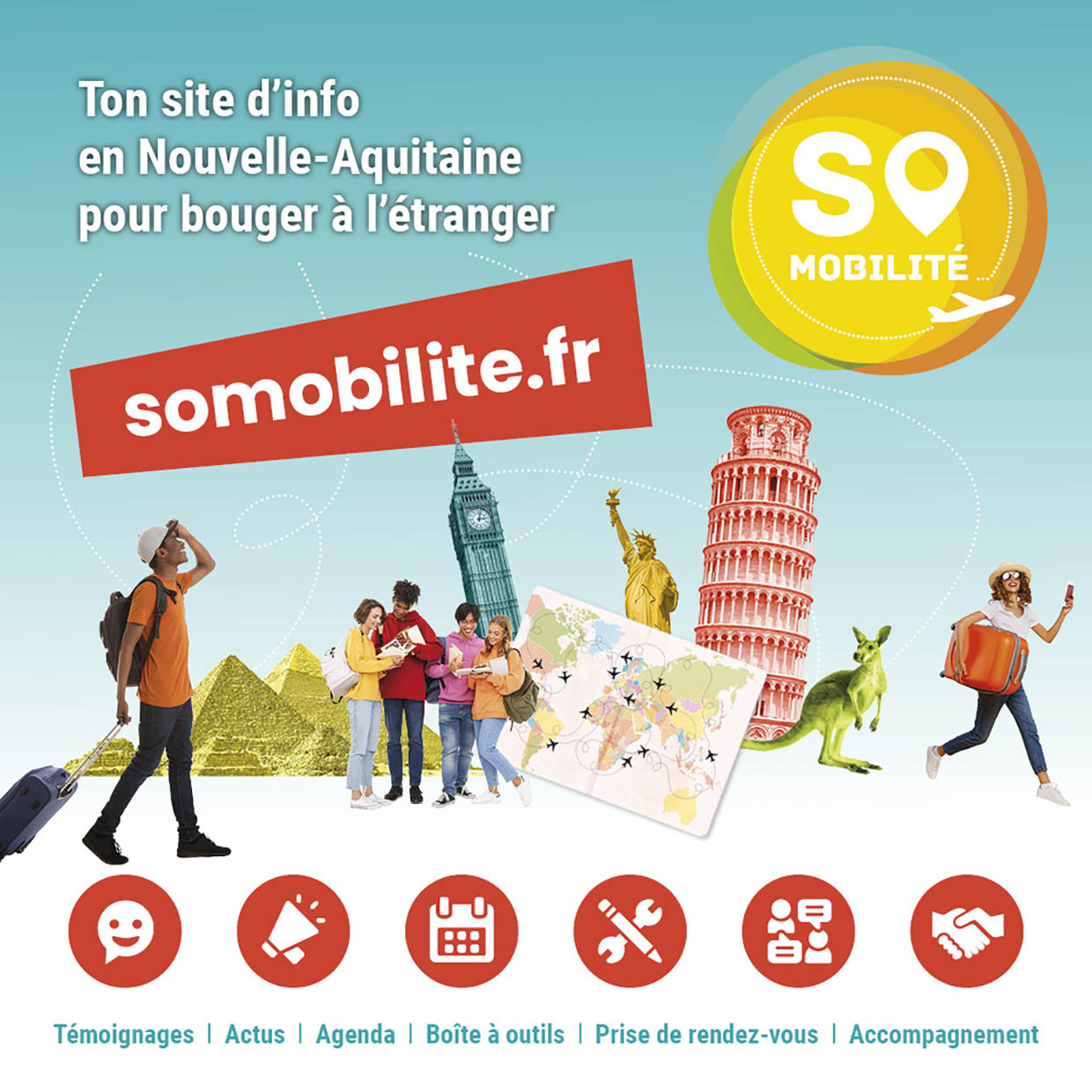 visuel so mobilité - illustration - des jeunes voyages - monuments iconique de pays