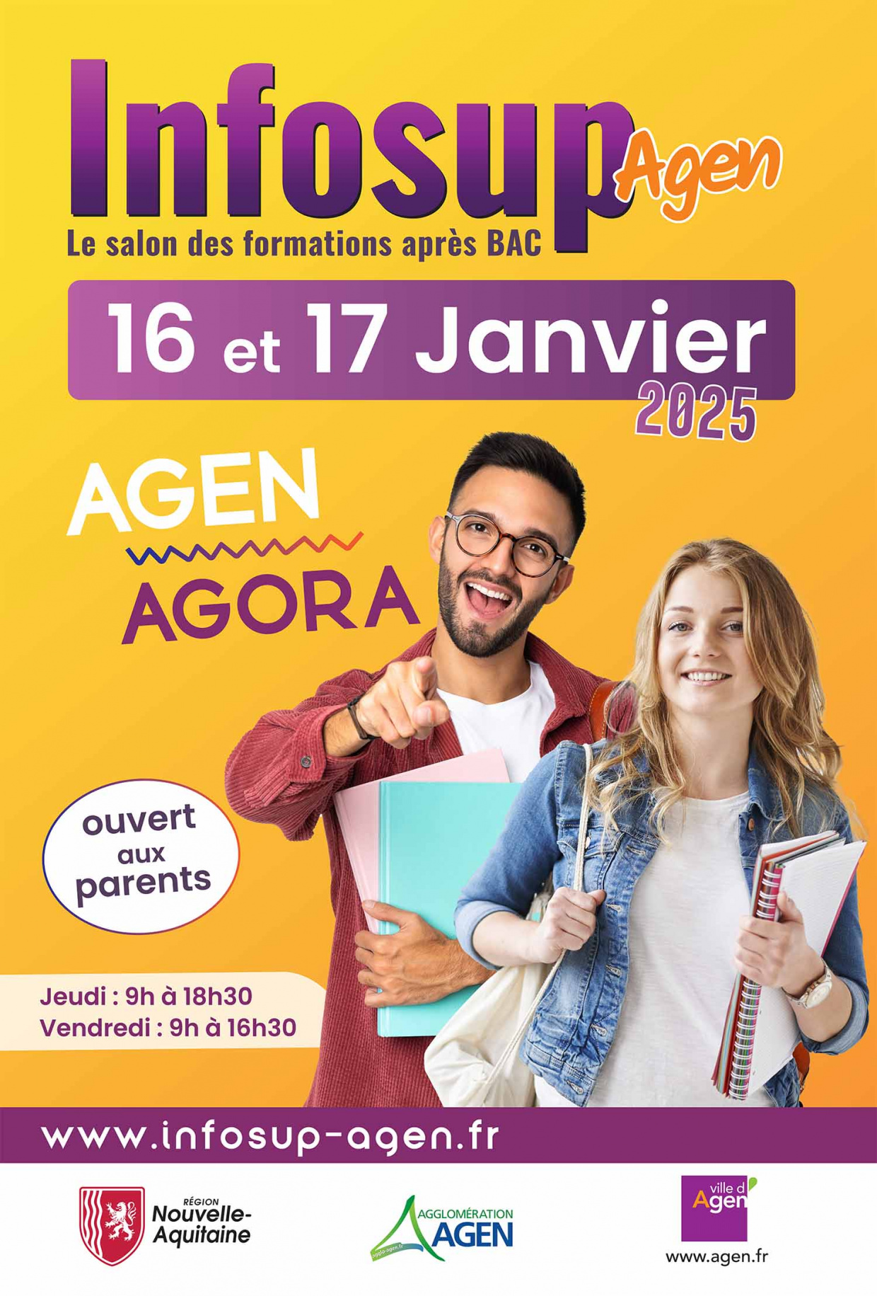 Affiche salon Info sup Agen 2025 - deux lycéens joyeux