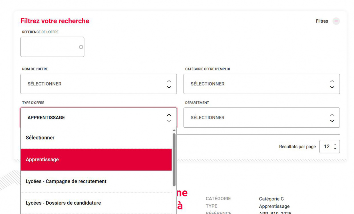 Offres apprentissage - capture d'écran démarche