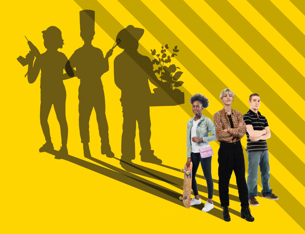 Photo de jeunes en tenue quotidienne avec leurs ombres illustrant leurs métiers