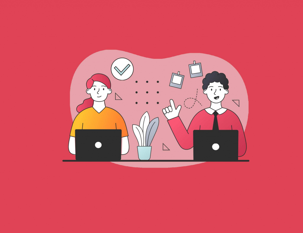 Illustration d'un homme et d'une femme échangeant autour d'ordinateurs